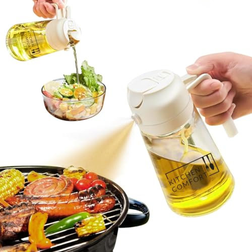 Kitchen Comfort 2 in 1 Oil Sprayer & Dispenser - 16oz/470ml Glass Bottle - Air Fryer, Frying, Baking, Olive Oil - Off White