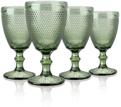 Jeoyan Set de 4 Copas de Vino Verde, 300ml Vintage Taza de Vidrio con Relieve, Vasos Retro con Pie,Vajillas de Colores,Cristaleria para Bar Restaurante en Casa, Apto para Lavavajillas