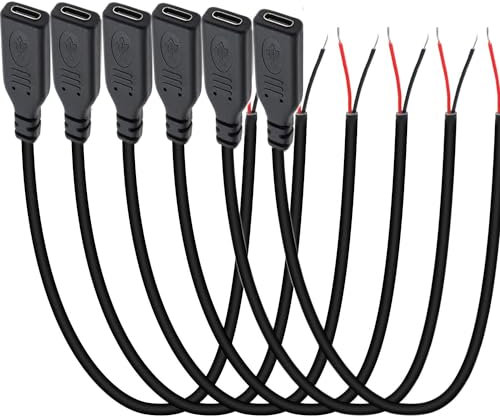 RUNCCI-YUN 6 Pièces Queue de cochon USB Type-C,22AWG 5V 3A Femme prise USB-C vers fil nu à 2 broches,USB type C rallonge de câble, prise Femme USB C à souder pour les bricoleurs (25 cm)