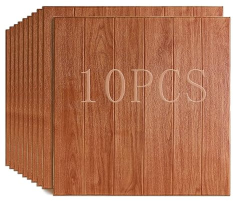 10 Stück 3D-Tapete mit Holzmaserung, selbstklebende Wandpaneele, dekorative Wand in Holzoptik for Wohnzimmer, Schlafzimmer, Küche (Color : rot)