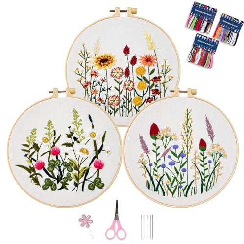 Smart-Feather 3 Sets Pflanzen Stickset für Anfänger, Handsticksets für Erwachsene mit Reifen, DIY Kunstprojekt Bastelset (Jahreszeit)