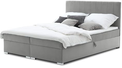 Mebligo Boxspringbett 160x200 mit Bettkasten und Kopfteil, Doppelbett mit Bonell-Matratze und Topper, Polsterbett, Boxspringbett Grau - ELMA Serie