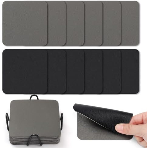 Myir JUN Posavasos Juego de 12 Posavasos 10cm Originales Cuadrados para Copas Posavasos de Cuero de Doble Cara Posavasos Impermeables Termoaislantes y con portavasos(Gris Negro)