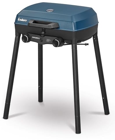 Enders Camping Gasgrill Explorer II, Grill-Thermometer, Grillen-, Kochen-, Backen Funktion, 2 Brenner Edelstahl, kleiner Balkon-Picknick-Grill, Aluguss-Grillwanne #2104, Blau