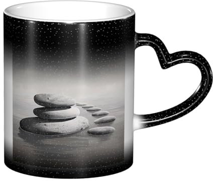 BWWHCCTI Farbwechselnde Kaffeetassen mit grauen Zen-Steinen, Bilddruck, magische Tasse, Keramik, wärmewechselnde Tassen, 325 ml, Schwarz