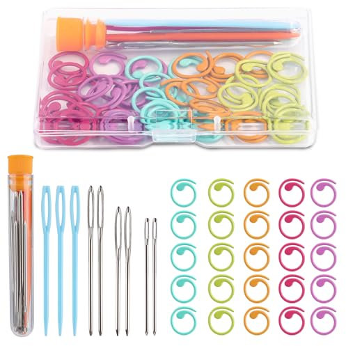 50 Stück Maschenmarkierer zum Stricken, 5 Farben Maschenmarkierer aus Metall, Maschenmarkierer zum Häkeln, 9 Stück Stumpfe Nähnadeln mit großem Öhr mit Aufbewahrungsbox zum Nähen, Stricken, Häkeln