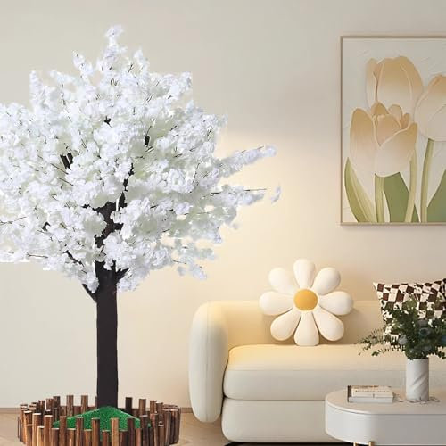 HJDSUDU Weißer Wunschbaumschmuck, künstlicher Sakura-Baum mit Holzstamm und Blüten, Kunstpflanzen für draußen, handgefertigter Kirschbaum-Weihnachtsbaum, für Hochzeit, Geschäft,Weiß,5 * 3.3ft
