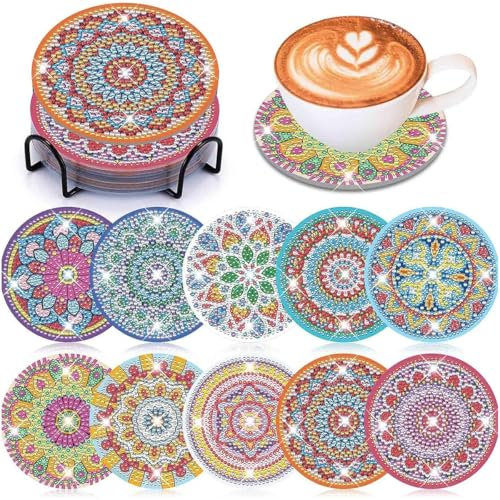 Miotlsy 10 Stück Diamant Malerei Untersetzer Mit Halter, Diamant Tasse Untersetzer, 5d Diamant Malerei Kinderkunst, DIY Erwachsene Kreative Set Tasse, Vase, Kerze