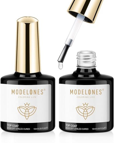 Modelones Gel Top Coat, 2Pcs 10ml Clear Glossy Finish No Wipe Top Coat, Long Lasting for Gel Nail Polish & Acrylic Nails, Soak Off Nail Art Home and Professional Manicure