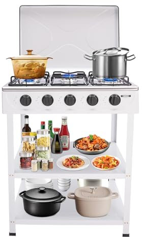 Freistehend Camping Gaskocher, 5 Brenner Herd Erdgasherd Tragbarer Erdgasherd Camping Im Freien Kochherd 2500W BBQ Grill Herd mit 2 Ablage (Weiß)