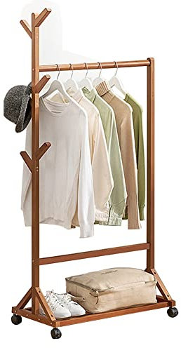 Generic Garderobenständer Holz Kleine Kleidungsständer Stand Rolling Kleiderstange Mit Rädern Regale Kleidung Hängende Rack Freie Stehende Offene Garderobe/Braun/70 * 35 * 155Cm