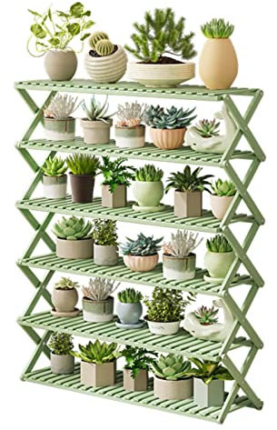 KWMAEEUID Blumentopf-Regal, grün, 6-stufiger Leiter-Pflanzenständer, Leiterregal für drinnen und draußen, für Gartenterrasse, Pflanzgefäß-Display, Aufbewahrungshalter, Massivholz