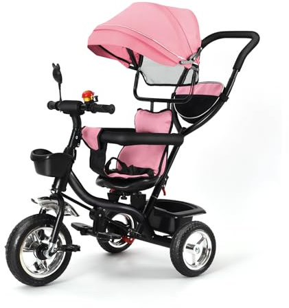 Dreirad 4 in 1, Kleinkind-Dreirad mit Verstellbarem Schubstange Lenksystem, Kinderdreirad mit Sonnenschirm, Klingel, Spiegel, Bequemer Sitz (Rosa)