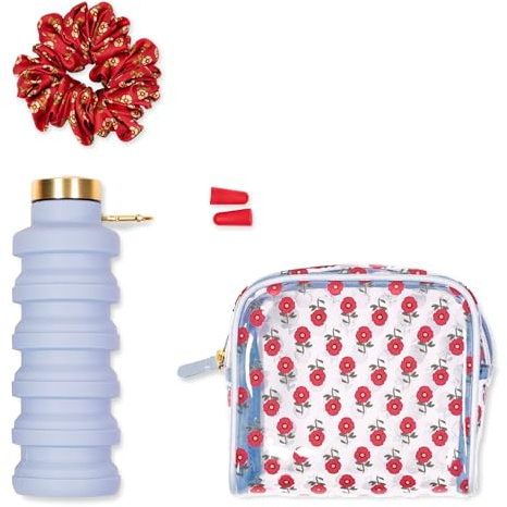 Vera Bradley Travel Essentials Jet Setter Kit mit faltbarer Wasserflasche, Ohrenschützer, PVC-Tasche und Haargummi (kleine Mohnblumen)