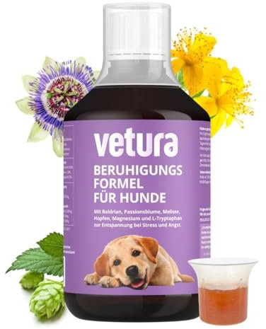Vetura Beruhigungs-Formel | Natürliches Entspannungs- & Anti-Stress-Mittel für Hunde | Sanftes Beruhigungsmittel für Hunde bei Autofahrt, Angst & Stress | Mit Baldrian & Magnesium ohne Chemie | 500 ml