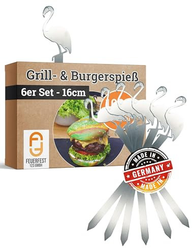 Feuerfest 123 Burger-Spieße mit Flamingo-Motiv I 6 Stück I 16 cm I Hochwertige Grillspieße aus rostfreiem Edelstahl I Stilvolle Metallspieße für Burger, Sandwiches, Gemüse & Fingerfood