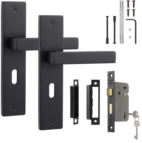Decoranddecor Lumina Matt Black Internal Door Handles with Key Lock Kit | Matte black interior door handles, keyhole backplate and keyed 3 lever mortice sash lock kit - lockable lever set