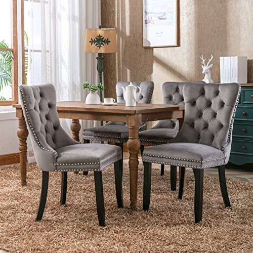 FINTHOMING Esszimmerstühle 4er Set, Küchenstühle 4er Set, Tufted Hoher Rücken Stühle, Samt Weich Gepolstert Essstuhl mit Holzbeinen, Nieten Dekoration, Belastbarkeit 130kg