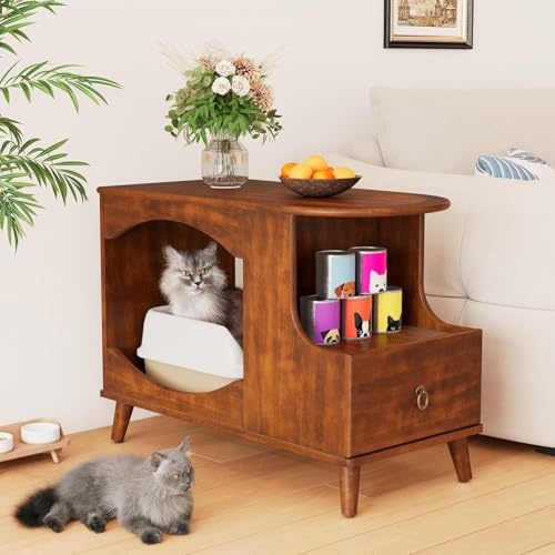 PADMA HOUSE Cat Cabinet Litter Box Furniture Armoire à Chat Litière Box Armoire avec tiroir, Table de côté en Bois Massif, Table de lit pour Le Salon (2 PCS)
