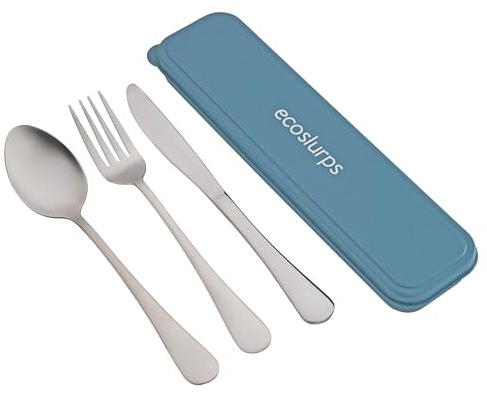 EcoSlurps Travel Cutlery Set in Clipdown Travel Case - British Designed 304 Grade Stainless Steel Metal Cutlery for Camping, Hiking, Lunch on The go and Eating Outdoors (Navy Blue)