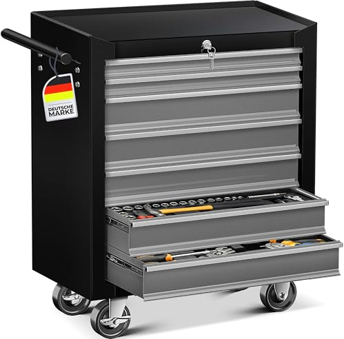 MASKO® Werkstattwagen rollbar 7 Schubladen abschließbar, mobiler Rollwagen zur Werkzeugaufbewahrung mit Schloss & Kugellager-Schubladen, Stabiler Werkstatt Trolley aus massiven Metall, Schwarz/Grau