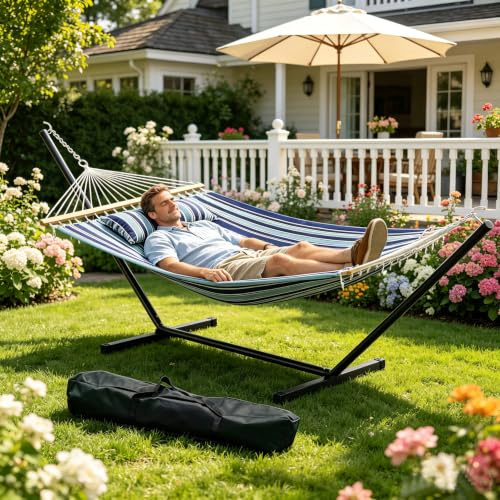 Doppelhängematte Mit Gestell, Belastbar Bis 215kg, Wetterfeste Gartenhängematte Mit Kissen & Tragetasche, 3-Fach Gedrehte Seile, Hängematte Für Garten, Terrasse, Camping & Strand