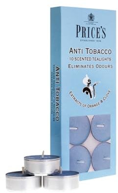 Price's - Anti-Tobacco Tealights - 10 Pack - Odour Eliminating Tealights - Made with Orange and Clove Extracts - Clean, Fresh, Quality Fragrance - Long Lasting Scent