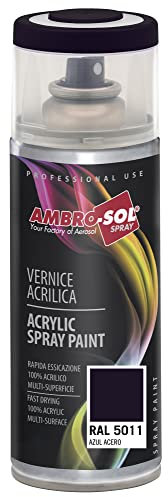 Ambro-Sol V4005011 Smalto Acrilico Multiuso, Vernice Brillante per Interni ed Esterni, Adatto per Qualsiasi Tipo di Materiale, Bomboletta Spray in Banda Stagnata Riciclabile 400 ml, Blu Acciaio