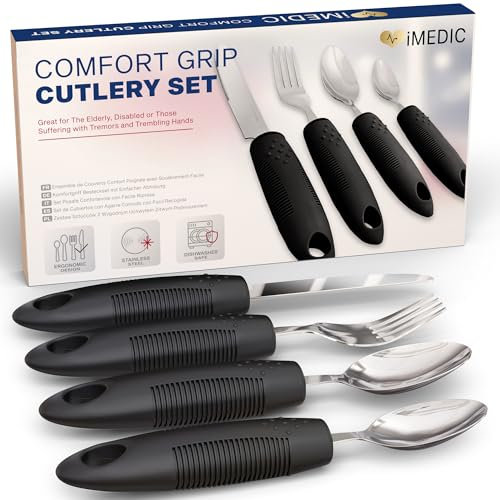 iMedic Designer Easy Grip Cutlery for Adult - Cutlery for Disabled Hands - Dishwasher Safe Disabled Cutlery for Adults - Disability Cutlery for Adults Suffering from Trembling Hands - 1 Set