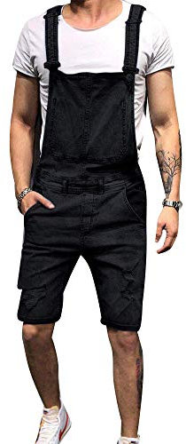 AnyuA Salopette Corta da Uomo, in Jeans Elasticizzato, Pantaloncini Skinny Nero XL