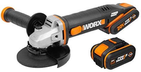 WORX Meuleuse d'Angle sans Fil 20V WX803, Disque 125 mm, Multimatériaux, Légère et Ergonomique, Poignée Auxiliaire, Avec 2 Batteries 2/4Ah, Chargeur et Accessoires
