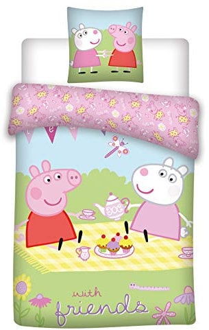 Peppa Pig 035 Bettwäsche für Kinder/Bettwäsche Baby Peppa Pig mit Freunden, Kissenbezug 40cm x 45cm + Bettwäsche 100cm x 140cm, 100% Baumwolle, Öko-Tex