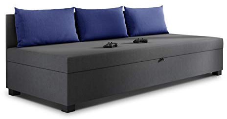 Schlafsofa Misti III - Einzelbett mit Kissen, Sofa mit Bettkasten, Bettsofa, Farbauswahl, Bettgestell, Komfortbett, Bett für Jugendzimmer, Schlafmöbel (Graphit + Blau (Lux 06 + Lux 20))