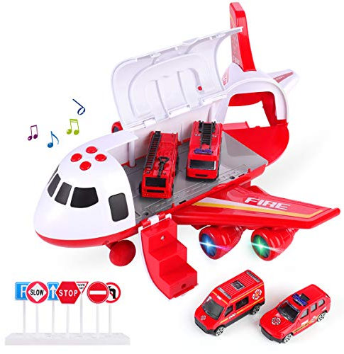 SHANNA Jeu pour VéHicule AéRien,Avion Roue Inertie avec Ensemble Jouets éDucatifs pour VéHicules,1 Grand Avion,4 Voitures Alliage Cadeau pour Enfant Garçon Fille (Camion Pompier- Rouge)