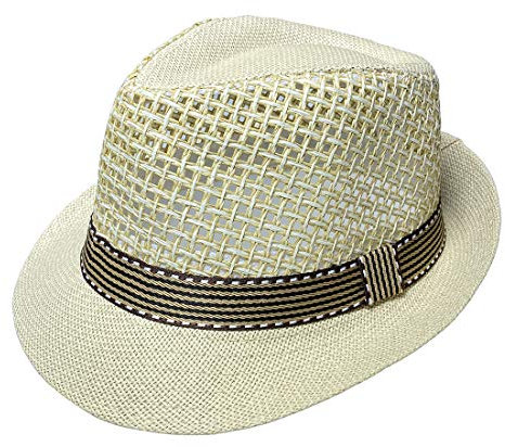 Xiang Ru Trendige Panama Fedora Hüte für Männer und Frauen, Unisex Manhattan Braid Stroh Kurze Krempe Jazz Cap Trilby Strand Sonnenhut, C: hohl beige, Einheitsgröße
