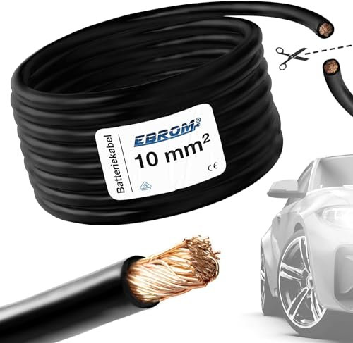 EBROM FLY - Cable de batería para coche, color negro, sección transversal de 10 mm², flexible, 90 ± 5 Shore, 100 % cobre, revestimiento especial de PVC FLY FLRy, cable de vehículo de 10 mm²