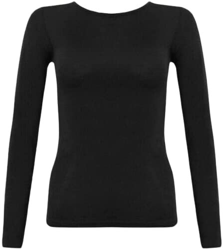 New Ladies Long Sleeve Round Neck Plain Basic Women's Stretch T-Shirt (Black, 14)