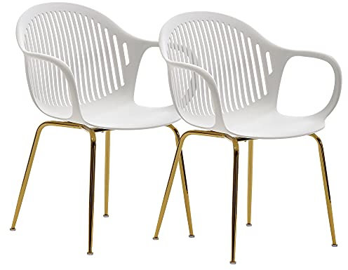 Wohnling Design Esszimmerstuhl 2er Set Weiß Kunststoff mit goldenen Metallbeinen | Küchenstuhl Skandinavisch mit Armlehne | Retro Essstuhl Schalenstuhl Esszimmer