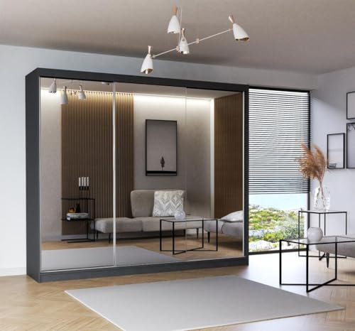 IE INTERIOR EMPORIUM Modern Milan Double Mirror Sliding Door Wardrobe in 6 Sizes& 4 colors (250cm, Grey)