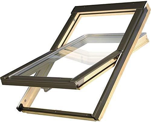 Günstige Dachfenster OptiLight B von FAKRO Konzern | Holz klar lackiert | Schwingfenster mit 2-fach Verglasung | U-Wert Fenster: 1.3 | inkl. Eindeckrahmen (78x140 cm)