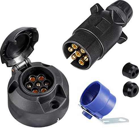 SPARKMOTO Anhänger Stecker 7 Polig und Anhänger Steckdose 7 Polig Set, 12V Wasserdicht Anhänger Stecker Steckdose mit Blau steckerhalter für Anhänger Wohnwagen LKW KFZ PKW(Nuss Kappe)