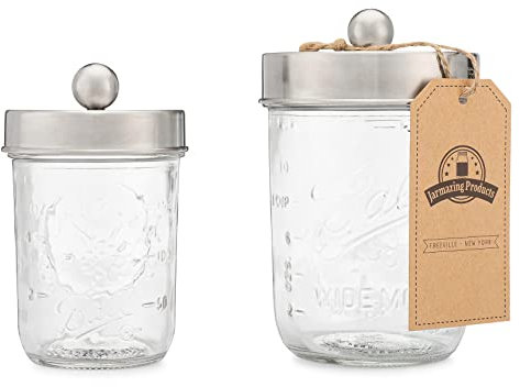 Jarmazing Products Apothecary Lid Storage Set with Ball Mason Jars - Farmhouse Home Decor for Vanity Organization - Luxury Bathroom, Kitchen and Office Accessories - Stainless Steel - Two Pack