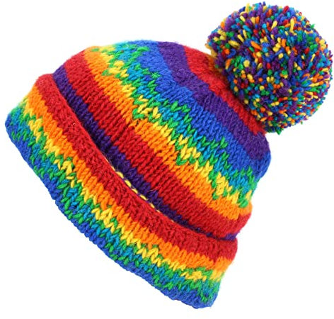 LOUDelephant Strickmütze aus grobem Wollstrick mit Bommel, Gestreift, Regenbogen-Zick-Zack, One size
