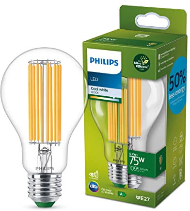 Philips LED Classic ultraeffiziente E27 Lampe, A-Label, 75W, klar, kaltweiß