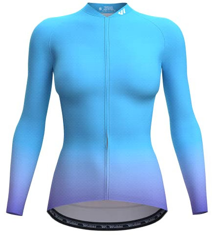 Wulibike Radtrikot Damen Langarm,Fahrradtrikot Damen Rennrad Trikot Fahrrad Shirt Reflektierende Schnell Trocknend Atmungsaktiv Top Mit RüCkentaschen Blau M