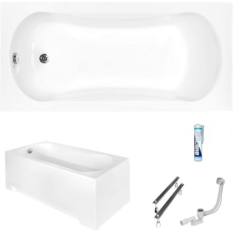 ECOLAM Baignoire rectangle Aria 160x70 cm | tablier en acrylique | pieds siphon + silicone | Baignoire acrylique blanc | set complet baignoire rectangulaire