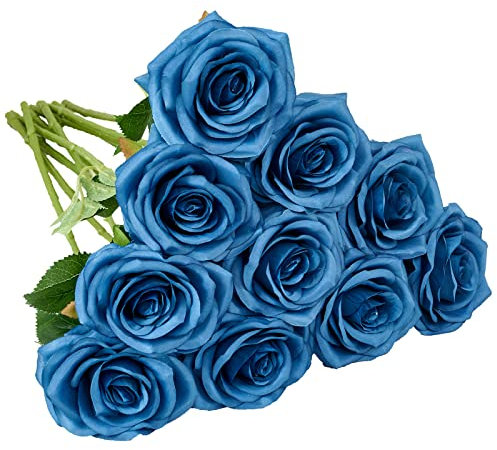IUKnot Rose artificiali, bouquet di fiori aperti, 10 steli di rose finte per organizzare matrimoni, bouquet da sposa, centrotavola, fiori in finta seta (blu acciaio)