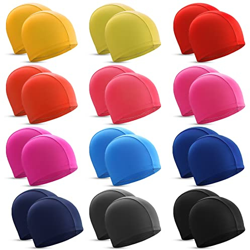 Bonuci 24 Pieces Cloth Elastic Swim Cap Bulk Comfortable Fabric Swimming Hat Elasticity Swimming Pool Cap Lightweight Bathing Caps for Women Men Kids Unisex, Not Waterproof
