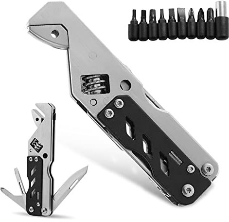 OUTU Multitool-Schraubenschlüssel, mit verstellbarem Schraubenschlüssel, flacher Schraubendreher, Kreuzschlitzschraubendreher, Flaschenöffner, 9 verschiedene Größen von Schraubendreher-Bits (schwarz)