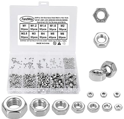 FandWay 380Pcs Metric 304 Stainless Steel Hex Nuts Assortment Kit for Screw Bolt (M1 M1.2 M1.4 M1.6 M2 M2.5 M3 M4 M5 M6) DIN934 Small Hex Hexagonal Nuts, Coarse Thread, Small/Mini/Micro Sizes